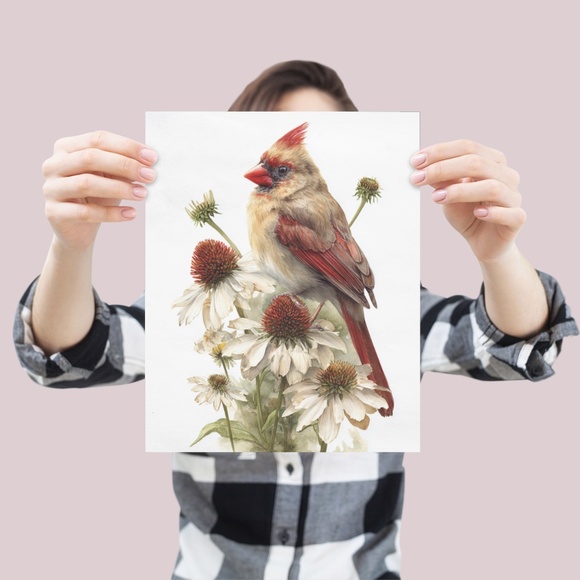 Watercolor Female Cardinal Bird with Coneflowers Wall Art Print Unframed - Picture 4 of 7